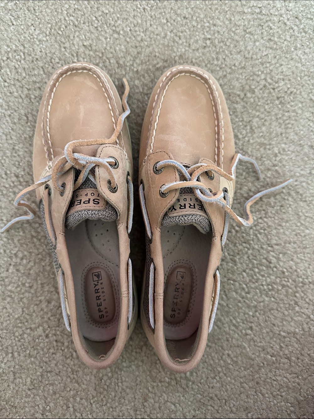 Sperry Leather Boat Shoes in Light Tan with White Accents
